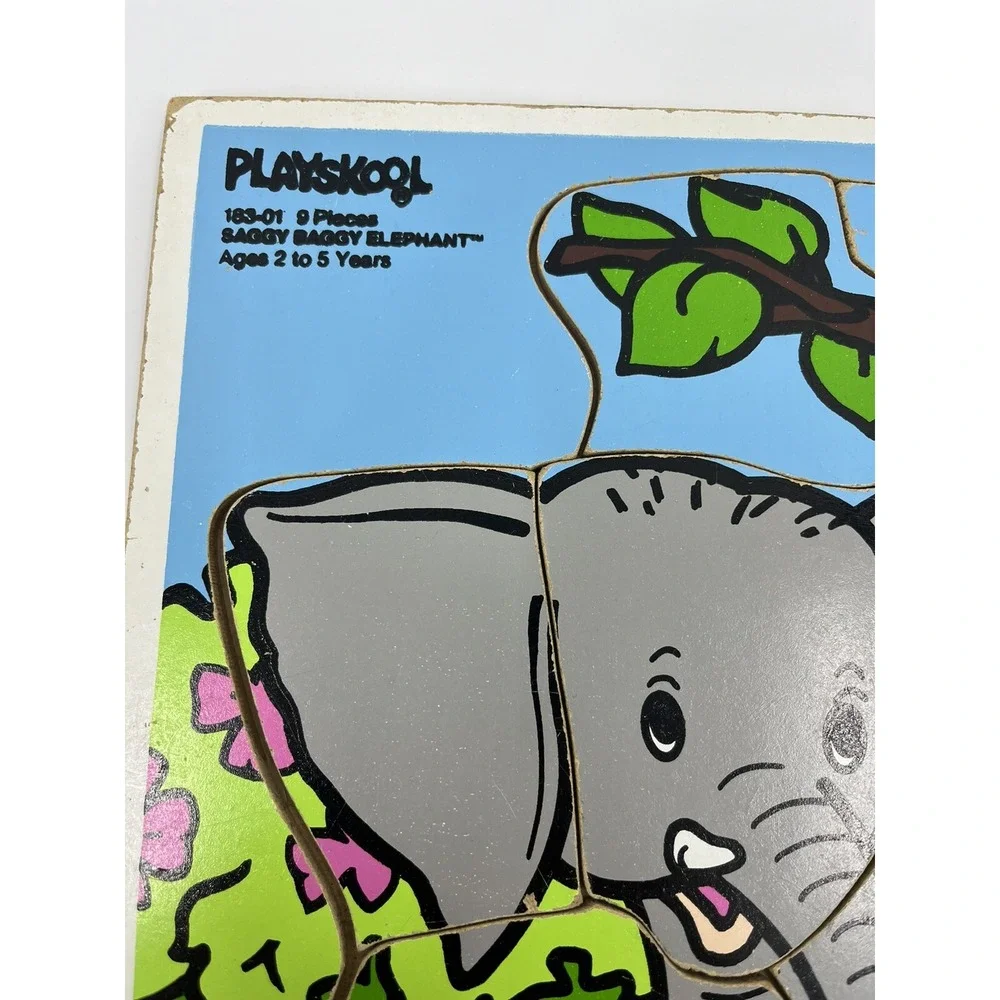 Vintage Playskool Saggy Baggy Elephant Wood Frame Tray Puzzle 9 Pieces USA 1988